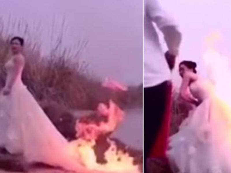 شاهد بالفيديو: مصورة تشعل النار في فستان زفاف عروس!